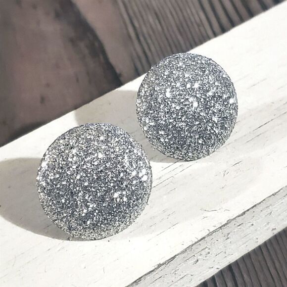 Retro 80s Club Glam Disco Sparkly Silver Fabric Button Earrings - Picture 1 of 10
